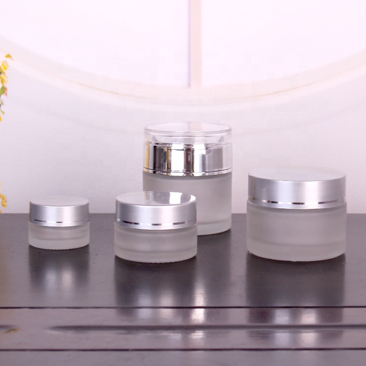 wholesale skincare packaging round frosted 50ml glass cream cosmetic jar with sliver plastic lid
