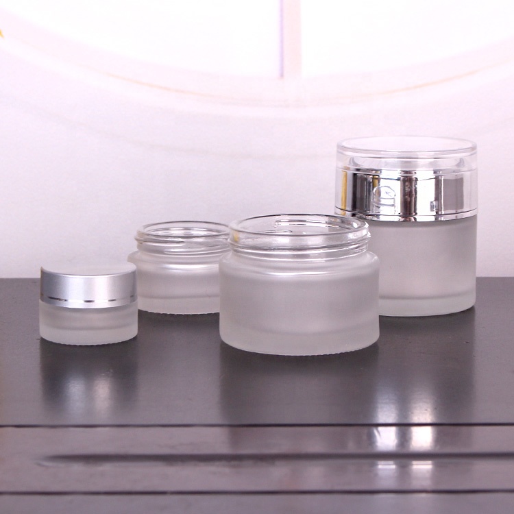 wholesale skincare packaging round frosted 50ml glass cream cosmetic jar with sliver plastic lid