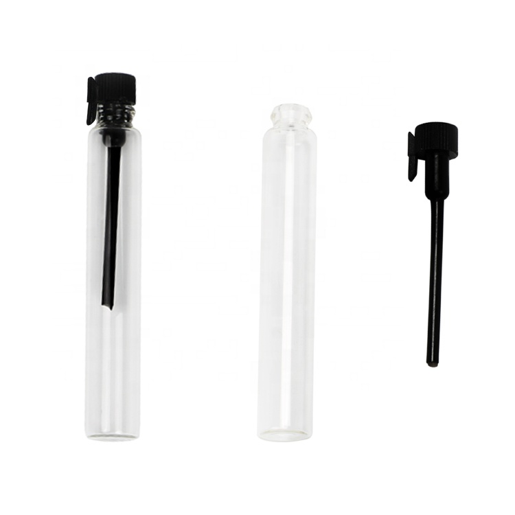 wholesale small size 1ml 2ml perfume tester vial glass vials refillable empty perfume samples bottles with black plastic lid