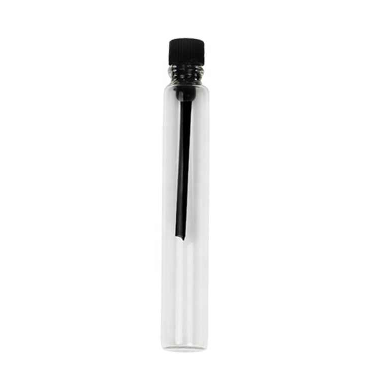 wholesale small size 1ml 2ml perfume tester vial glass vials refillable empty perfume samples bottles with black plastic lid