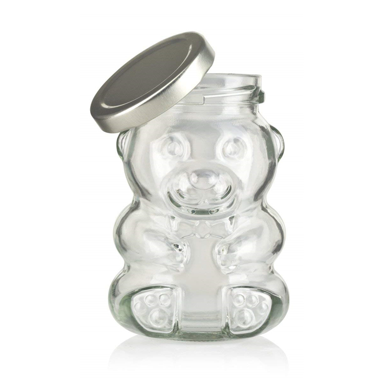 wholesale  teddy bear shaped  frosco vidrio  glass bottle honey bee candy sugar chocolate glass jar with lug lid wood dipper8oz