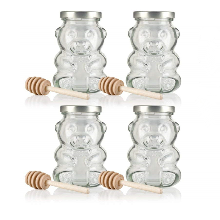 wholesale teddy bear shaped frosco vidrio glass bottle honey bee candy sugar chocolate glass jar with lug lid wood dipper8oz