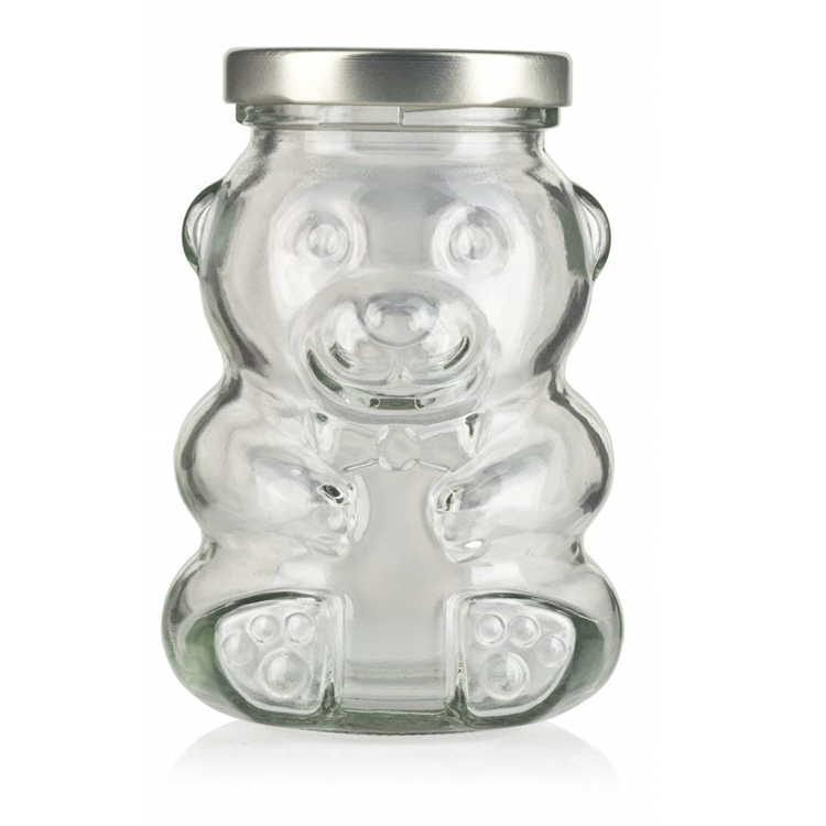 wholesale teddy bear shaped frosco vidrio glass bottle honey bee candy sugar chocolate glass jar with lug lid wood dipper8oz