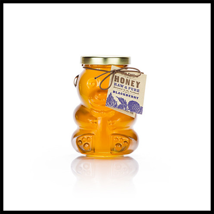 wholesale teddy bear shaped frosco vidrio glass bottle honey bee candy sugar chocolate glass jar with lug lid wood dipper8oz
