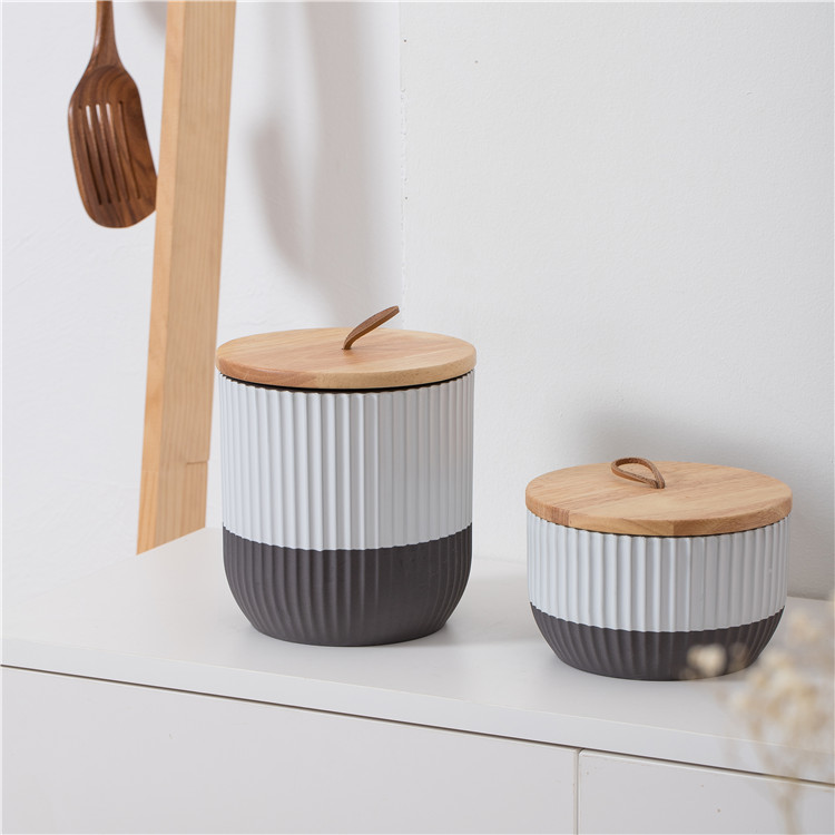 wholesale two striped tone kitchen airtight ceramic food storage jar tea coffee sugar canisters with wood lid