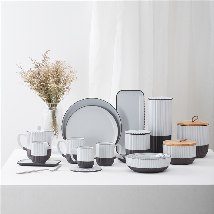 wholesale two striped tone kitchen airtight ceramic food storage jar tea coffee sugar canisters with wood lid