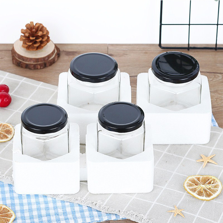 wholesale unique glass hexagon honey jar,food storage jar