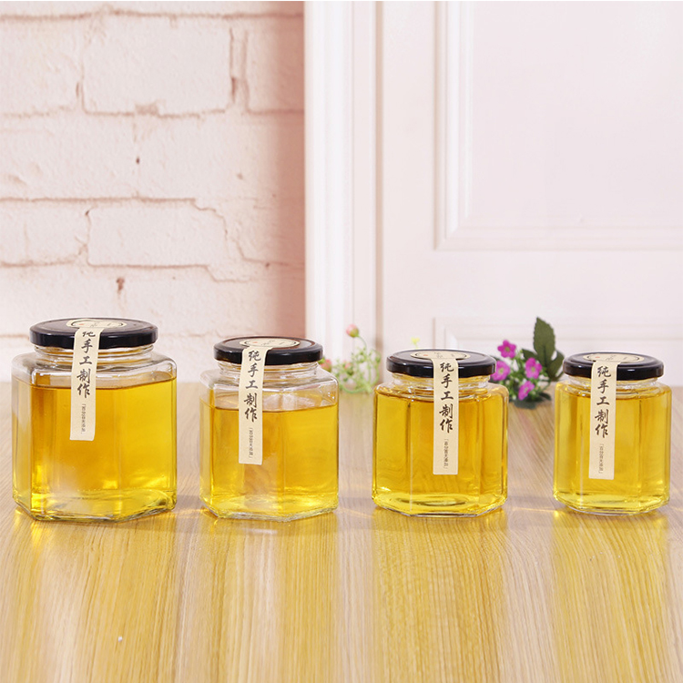 wholesale unique glass hexagon honey jar,food storage jar