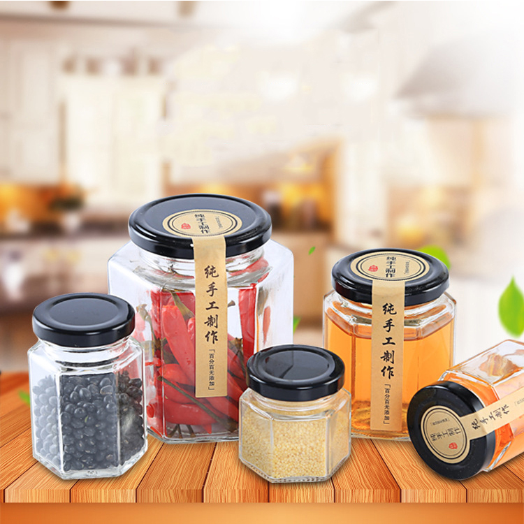wholesale unique glass hexagon honey jar,food storage jar