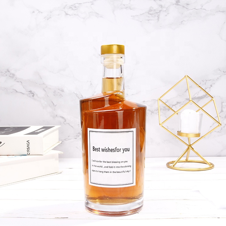 wholesale unique shape 750ml champagne wine glass bottle for vodka rum with wooden cork