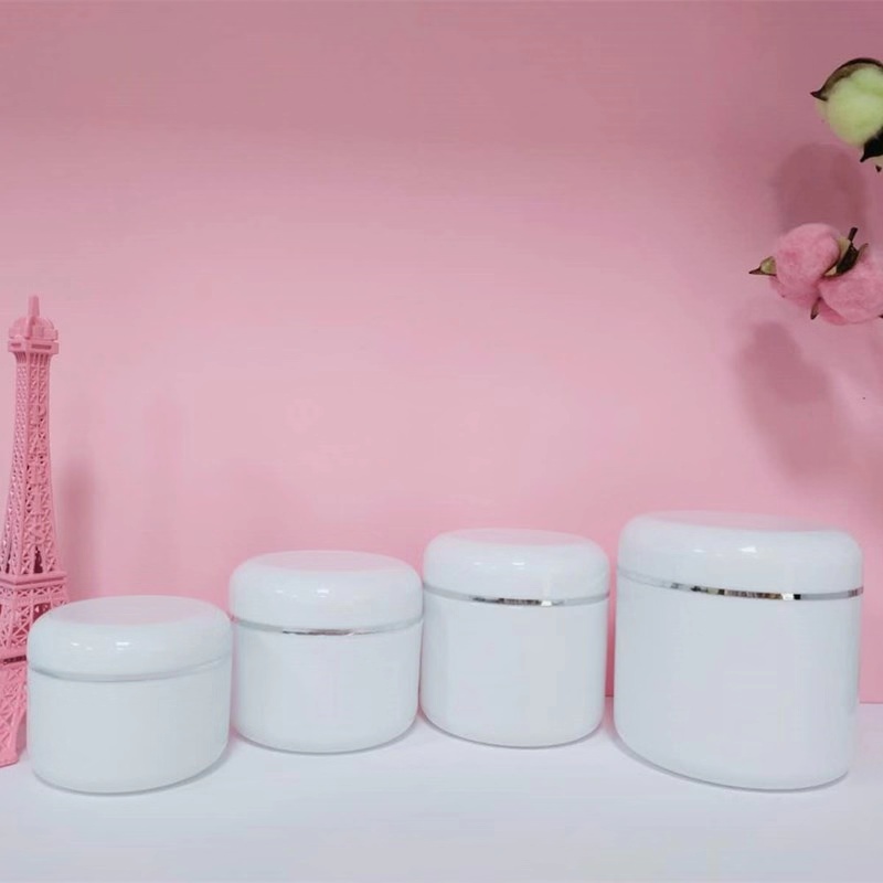 wholesale wide mouth luxury cosmetic cream container 200g 250g 300g 500g white plastic face cream jar with silver edge