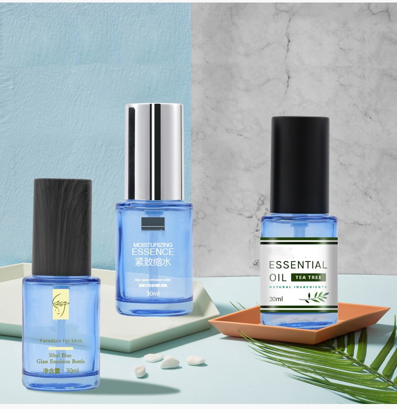 wholesales High-grade 30ml round transparent blue lotion bottle blue pump bottle cosmetic container bottles