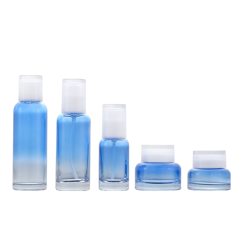 wholesales High-grade round Gradient blue cosmetics electroplating glass bottle and jars Korea style with good price