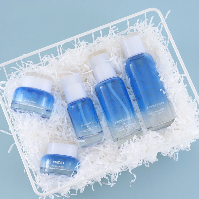 wholesales High-grade round Gradient blue cosmetics electroplating glass bottle and jars Korea style with good price