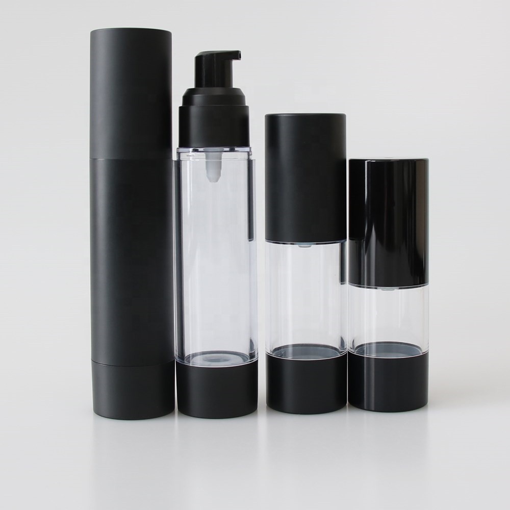 whosale empty black plastic airless pump bottle matte frosted finish plastic cosmetic packaging bottle