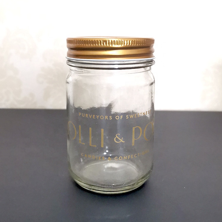 wide mouth 13oz decal round candy sweet mason glass jar with tin metal screw cap