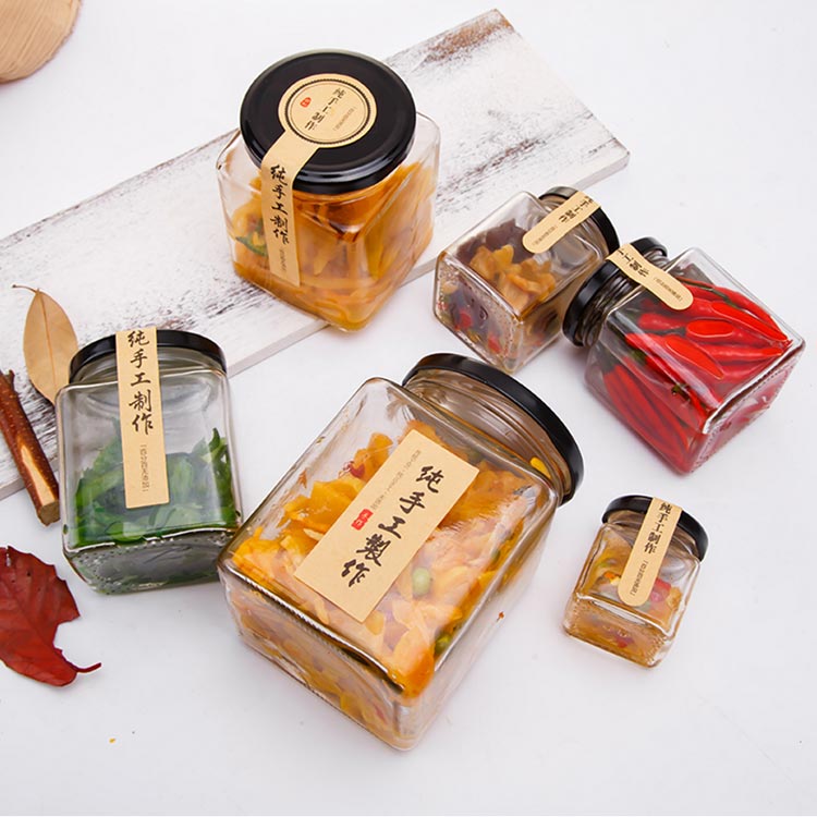 wide mouth airtight 100ml 150ml 200ml 380ml 500ml 730ml square food grade storage glass jar for honey jam pickle caviar