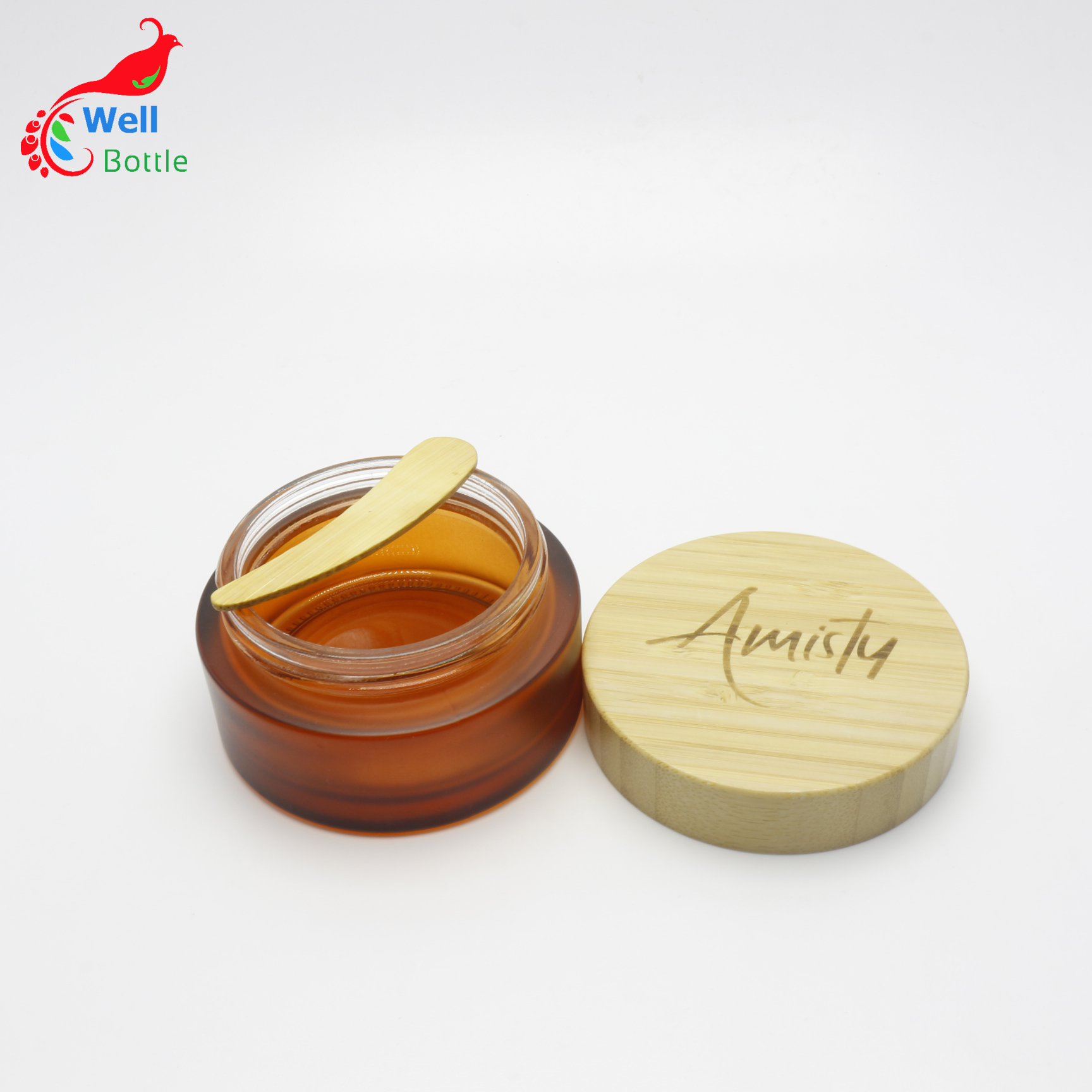 wide mouth glass contianer 100ml bamboo lid cosmetic face cream jars with bamboo spoon spatula and engraving logo J044E