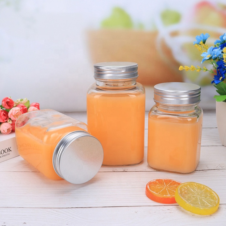 wide mouth storage bottle 200ml 380ml 500ml candy pickle nut package 730ml vacuum glass square jar with screw cap for food juice