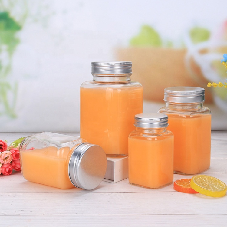 wide mouth storage bottle 200ml 380ml 500ml candy pickle nut package 730ml vacuum glass square jar with screw cap for food juice