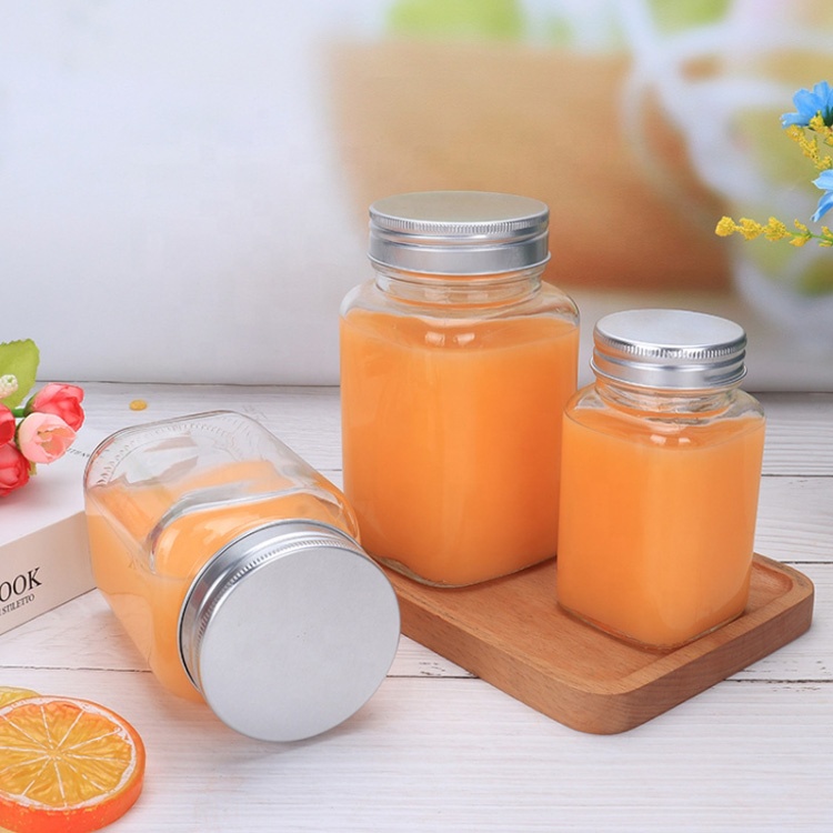 wide mouth storage bottle 200ml 380ml 500ml candy pickle nut package 730ml vacuum glass square jar with screw cap for food juice