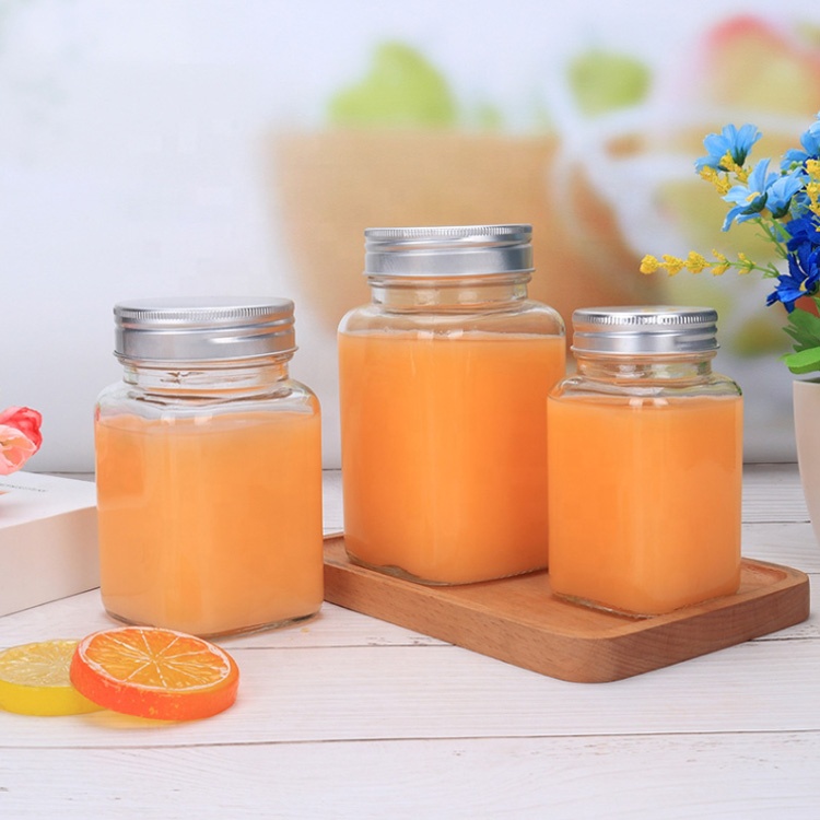 wide mouth storage bottle 200ml 380ml 500ml candy pickle nut package 730ml vacuum glass square jar with screw cap for food juice
