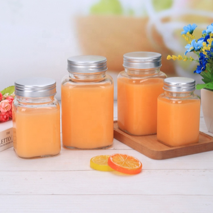 wide mouth storage bottle 200ml 380ml 500ml candy pickle nut package 730ml vacuum glass square jar with screw cap for food juice