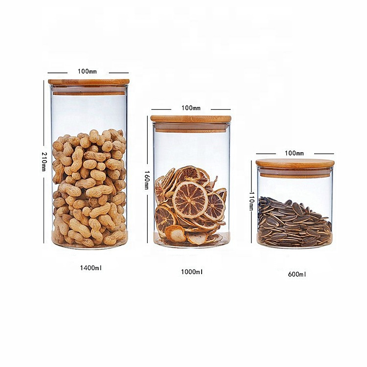 wide mouth straight sided empty wooden lid tea food storage glass jars for kitchen