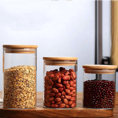 wide mouth straight sided empty wooden lid tea food storage glass jars for kitchen