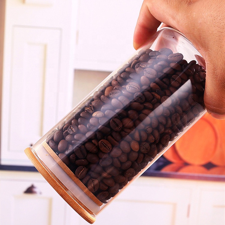 wide mouth straight sided empty wooden lid tea food storage glass jars for kitchen