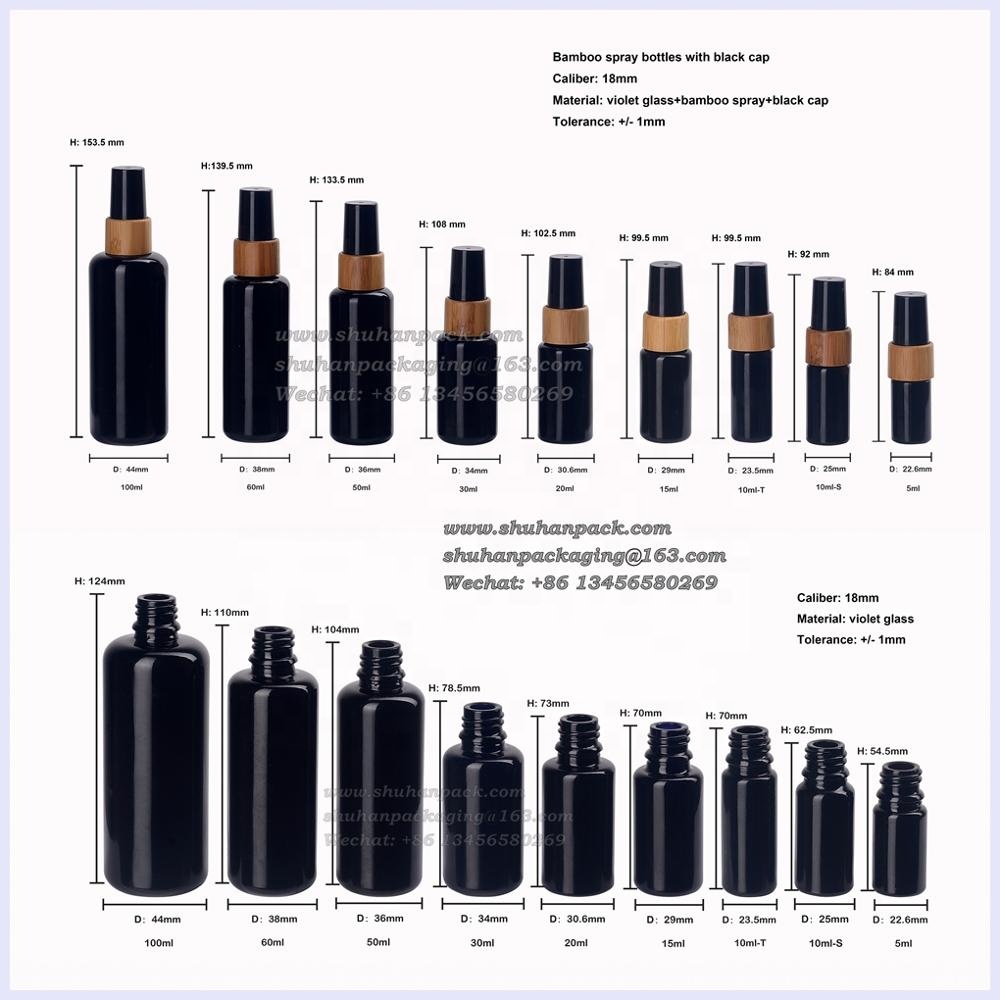 wood bamboo spray 18/415 violet black sprayer empty glass dark oil bottle 15ml 30ml 50ml black essential oil bottle