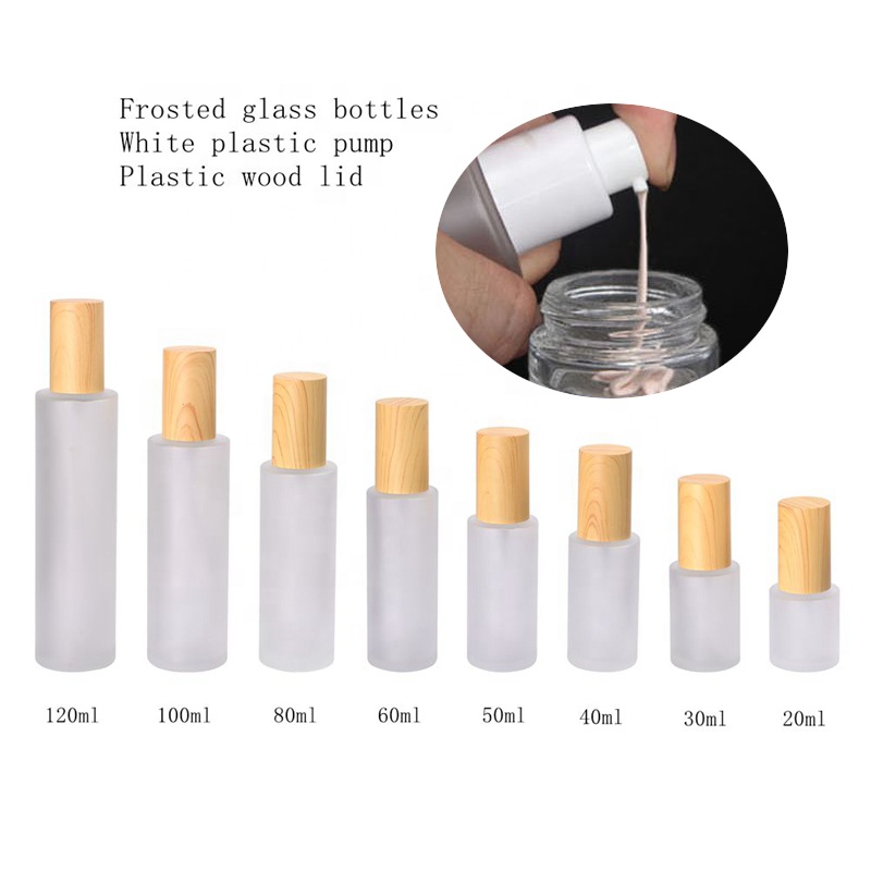 wood grain cosmetic packaging 30ml 50ml 60ml 80ml 100ml 120ml frosted glass serum pump bottles with water transfer wooden lid