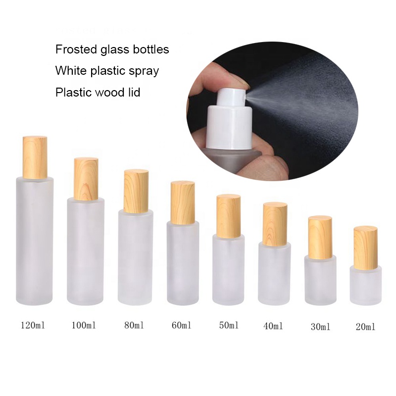 wood grain cosmetic packaging 30ml 50ml 60ml 80ml 100ml 120ml frosted glass serum pump bottles with water transfer wooden lid