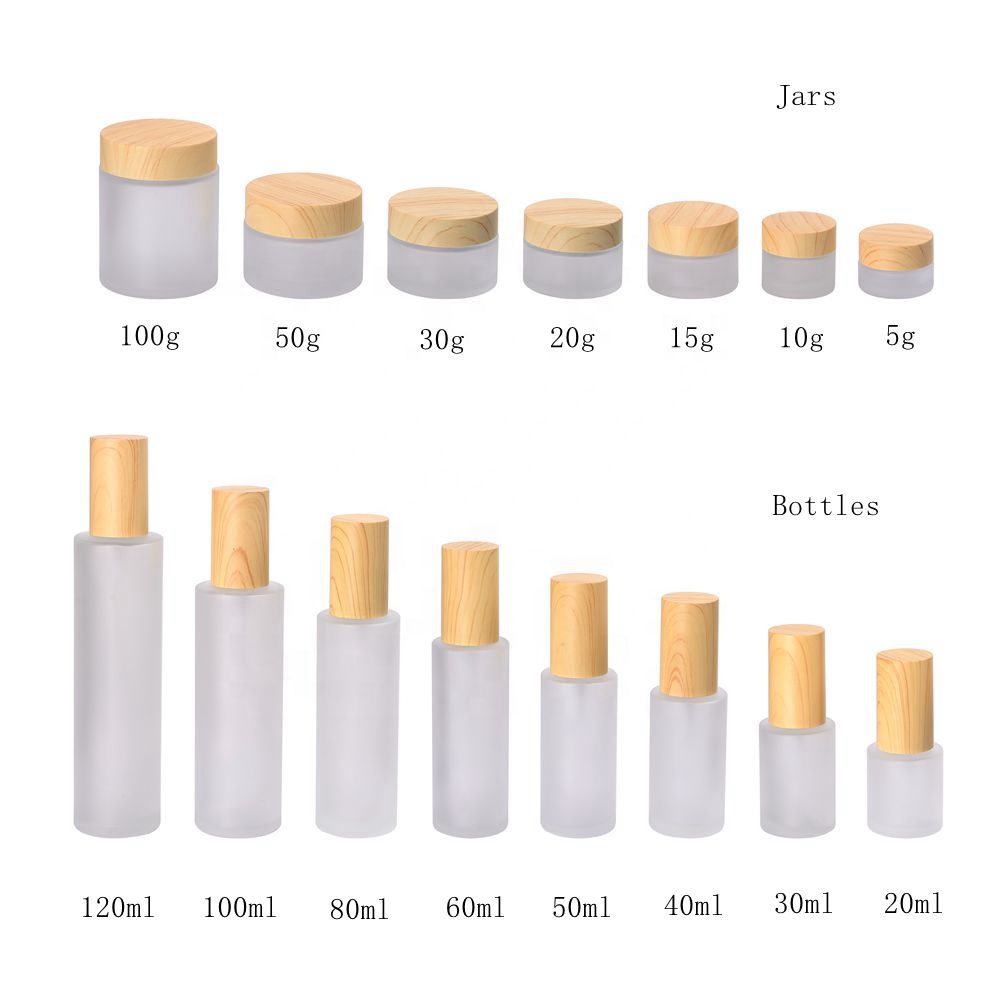 wood grain cosmetic packaging 30ml 50ml 60ml 80ml 100ml 120ml frosted glass serum pump bottles with water transfer wooden lid