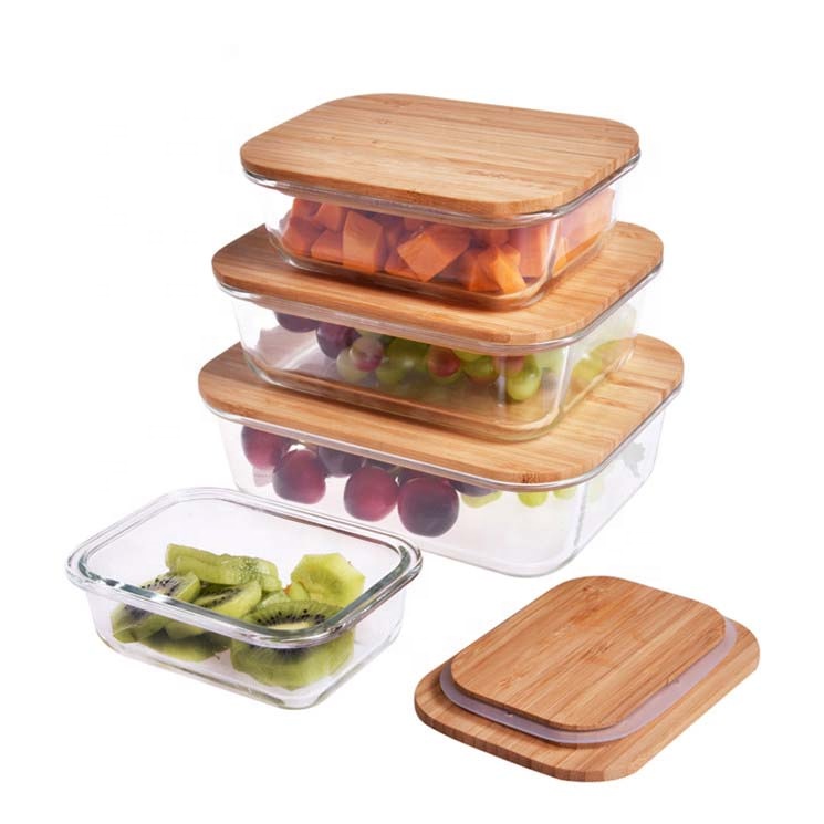 wood lid glass container storage food container bamboo lid square container set LB-CC10