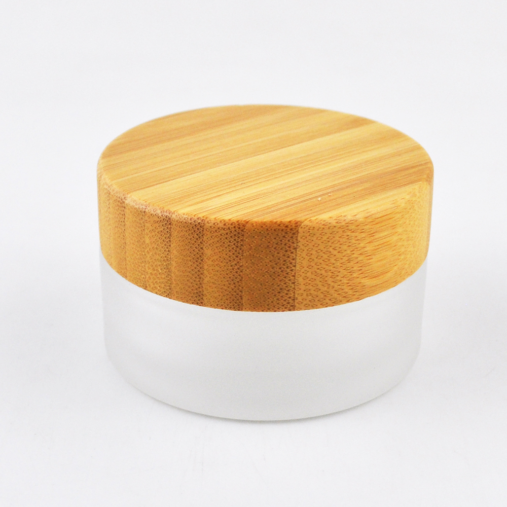 wooden cover round shape frosted glass jar 100 ml with bamboo lid packaging
