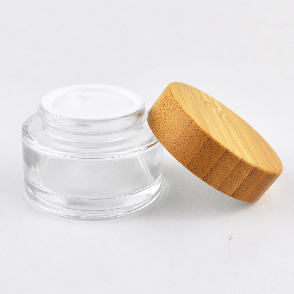 wooden cover round shape frosted glass jar 100 ml with bamboo lid packaging