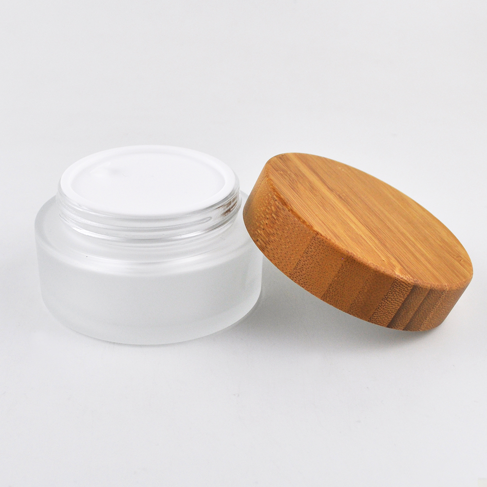 wooden cover round shape frosted glass jar 100 ml with bamboo lid packaging