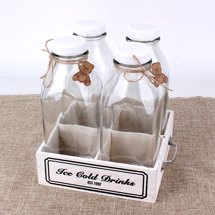 wooden crate packing 4pcs one set 930ml glass square milk bottle