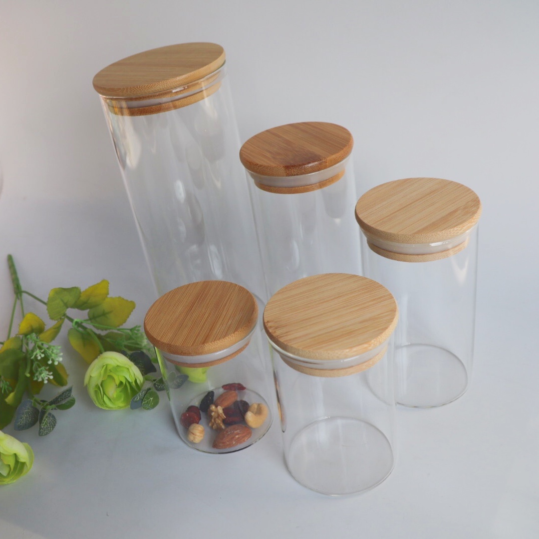 wooden lid sealed large food container bottle borosilicate glass bamboo food storage glass jar