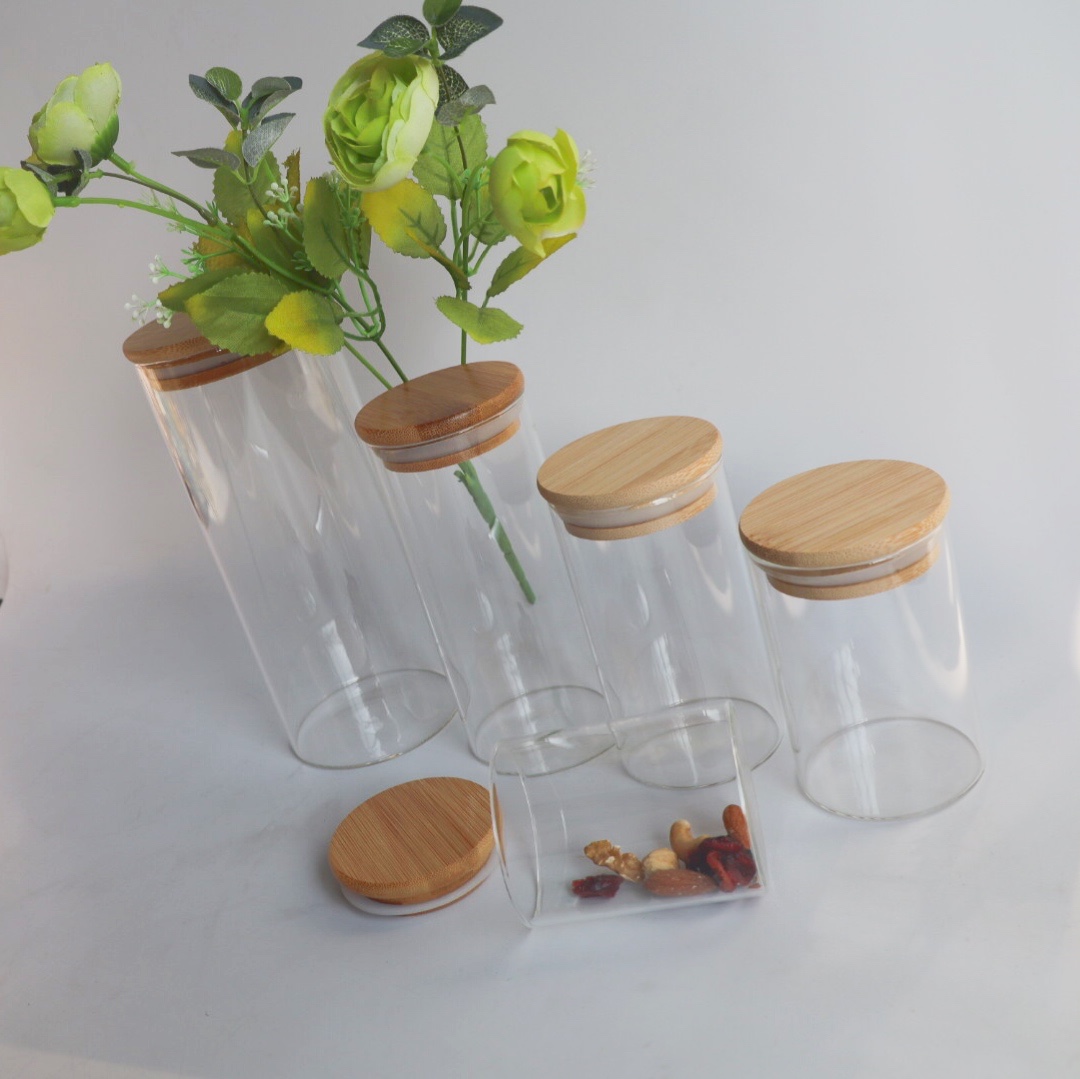 wooden lid sealed large food container bottle borosilicate glass bamboo food storage glass jar