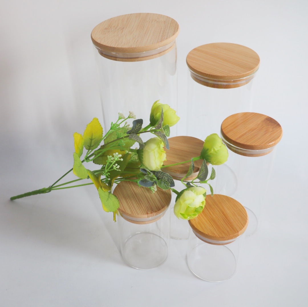 wooden lid sealed large food container bottle borosilicate glass bamboo food storage glass jar