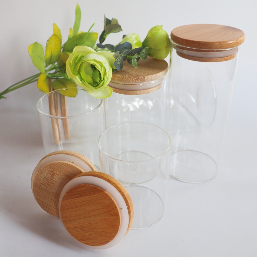 wooden lid sealed large food container bottle borosilicate glass bamboo food storage glass jar