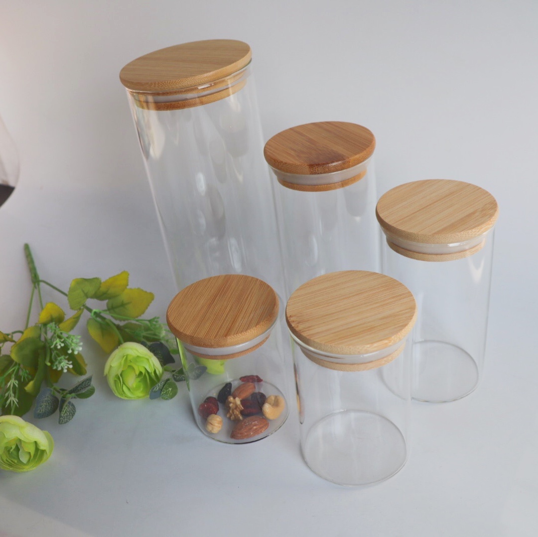 wooden lid sealed large food container bottle borosilicate glass bamboo food storage glass jar