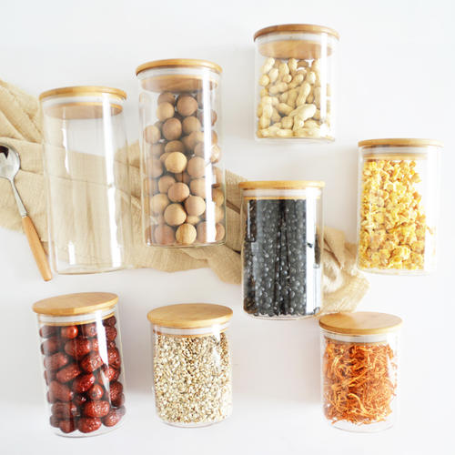 wooden storage jars / glass tea and coffee jars /glass storage jars with bamboo lid