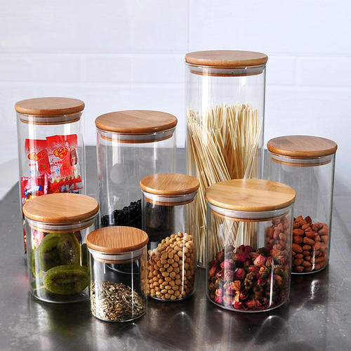 wooden storage jars / glass tea and coffee jars /glass storage jars with bamboo lid