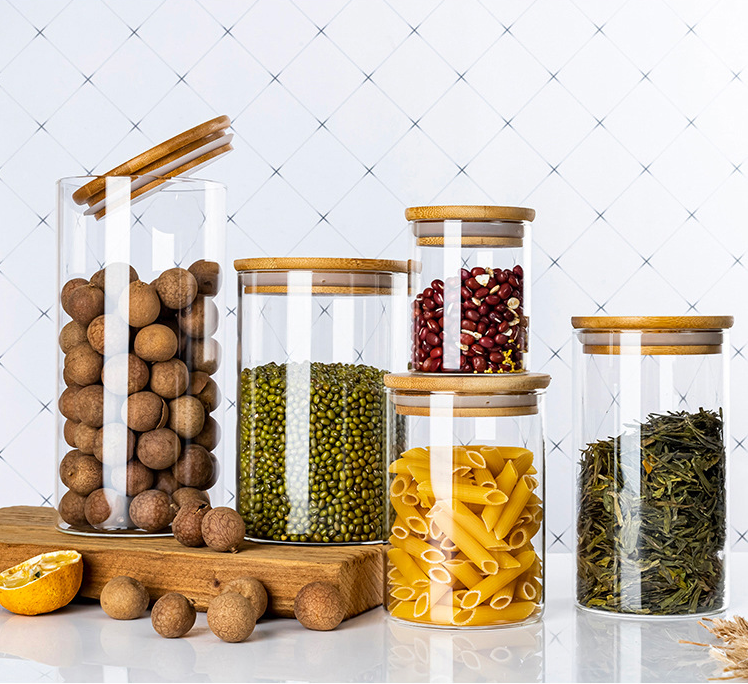 woody lid refillable glass storage bottles